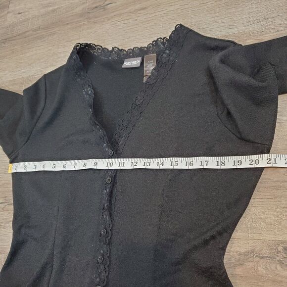 Vintage 90s Y2K Bisou Bisou Lace Trim Cardigan Sweater Black Whimsigoth Preppy - Picture 5 of 10